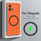 Orange smartphone case with a circular magnetic charging area and dual camera cutout.