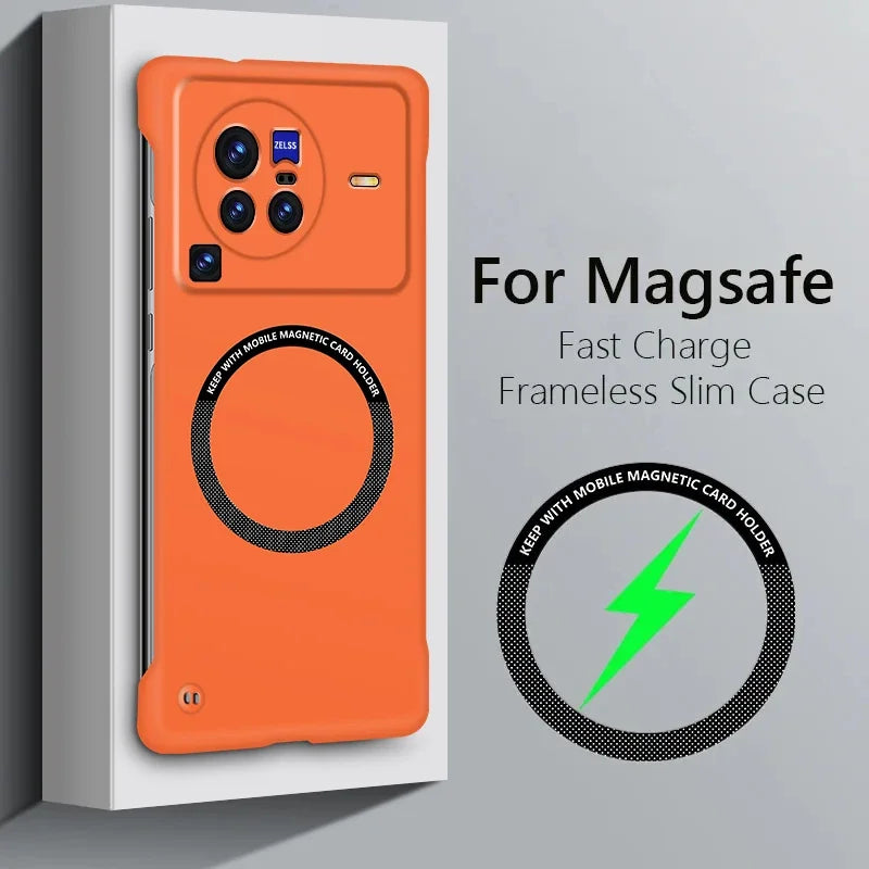 Orange smartphone case with a circular magnetic charging area and multiple camera cutouts.