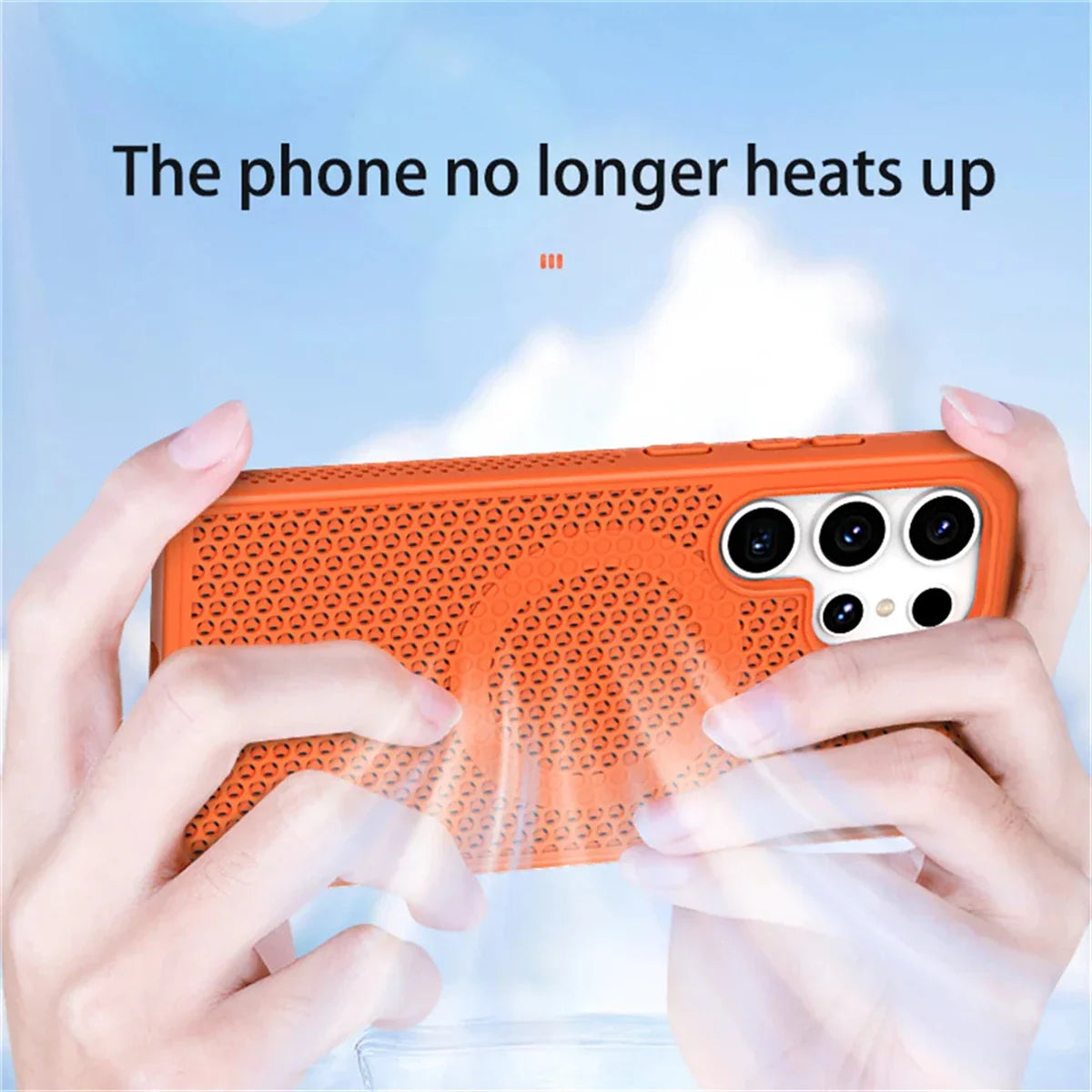 Orange smartphone case with cooling vents and multiple camera cutouts.