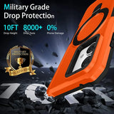 Orange smartphone case with military-grade drop protection featuring a prominent camera cutout.