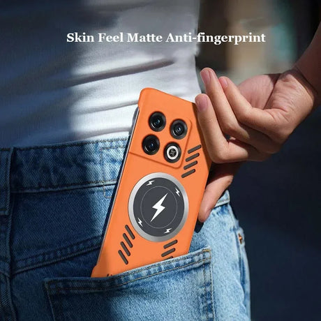 Orange smartphone case with multiple camera cutouts and a lightning bolt symbol.