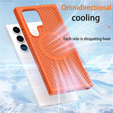 Orange smartphone case with a perforated design for heat dissipation.