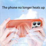 Orange smartphone case with a perforated design and visible camera lenses.