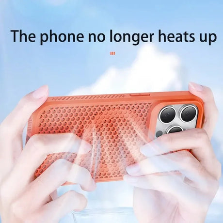 Orange smartphone case with a perforated design and visible camera lenses.