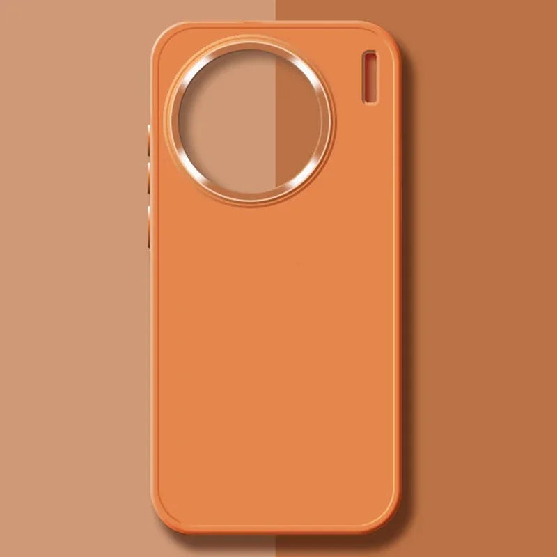 Orange smartphone case with a prominent circular camera cutout.