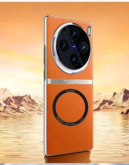 Orange smartphone with a prominent circular camera module featuring multiple lenses.