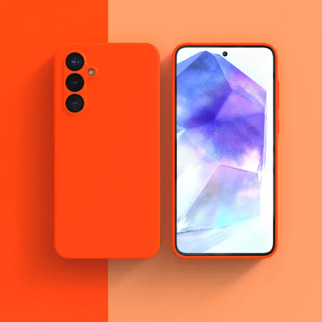 Orange smartphone with a triple-camera setup and colorful display showing geometric shapes.