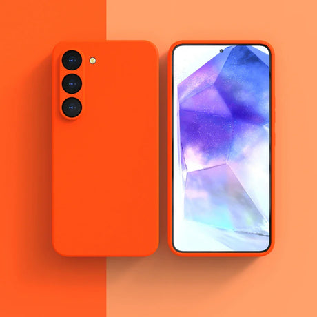 Orange smartphone with triple rear cameras and a vibrant purple display screen.