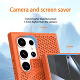 Orange textured phone case with raised edges to protect the camera and screen.