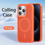 Orange textured phone case with a circular pattern and camera cutouts.