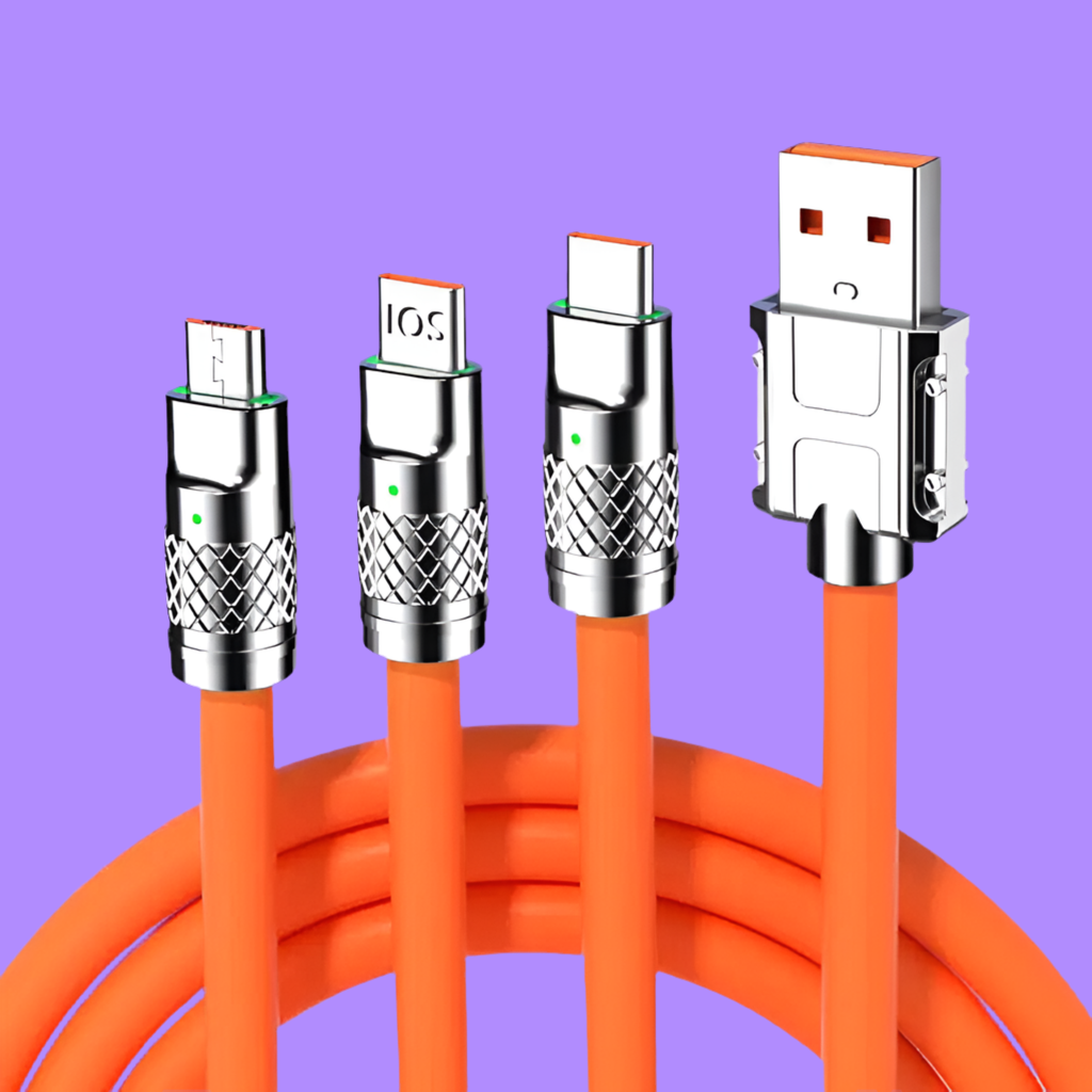 Orange USB cable with multiple connector types arranged in a row.