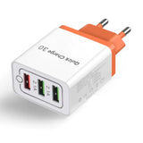 An orange and white usb charger with two usbs