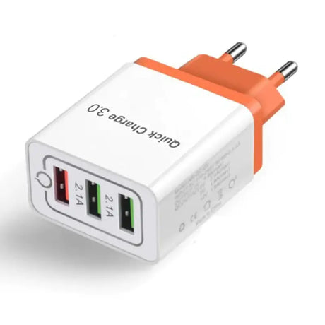 An orange and white usb charger with two usbs