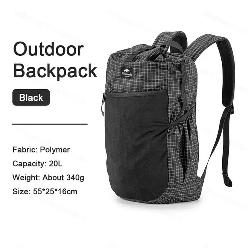 the backpack is black and white with a plaid pattern