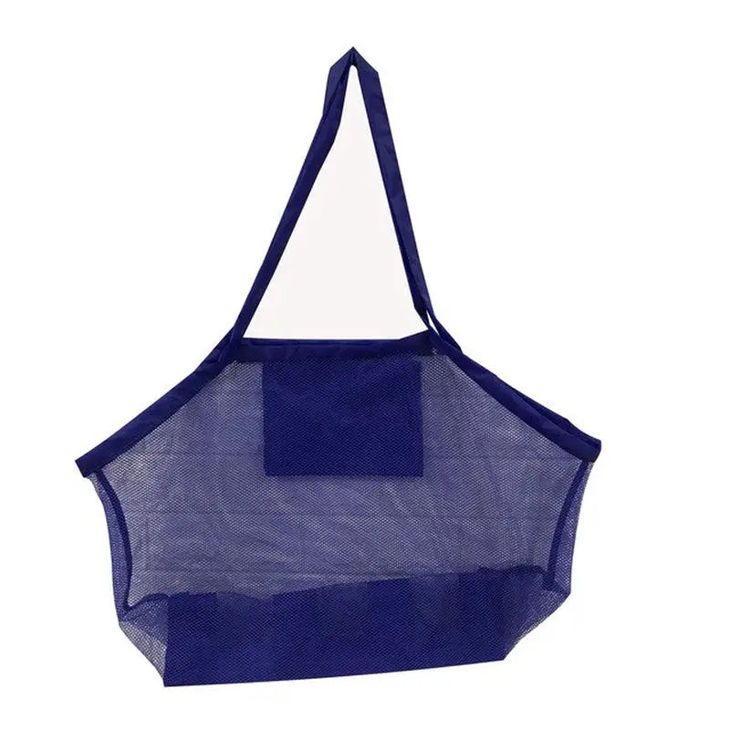 a blue mesh bag with a white background