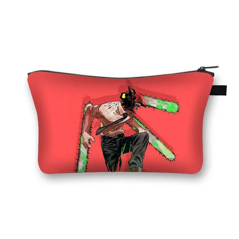 a red and green pencil case with a cartoon character on it