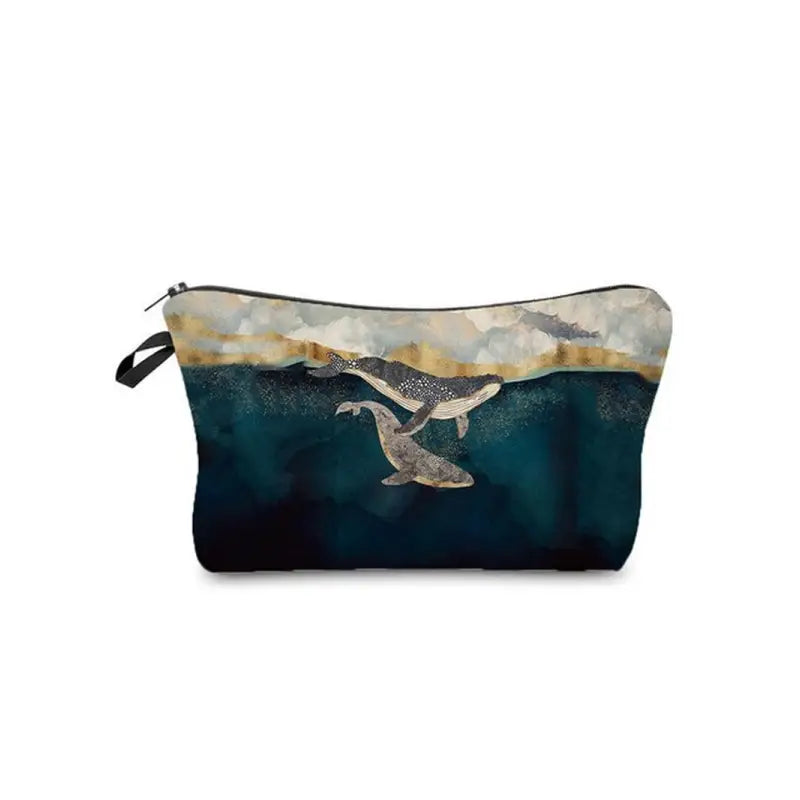 a large cosmetic bag with a seagul on the front