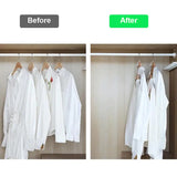 a white shirt hanging on a wooden closet
