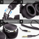Over-ear headphones with adjustable metal headband and detailed features highlighted in four separate images.