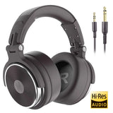 Over-ear headphones with a black design and silver accents.