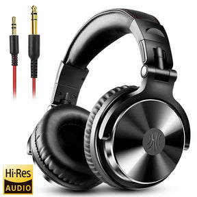 Over-ear headphones with a black and silver design featuring detachable audio cables.