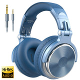 Over-ear headphones with a blue and silver color scheme.