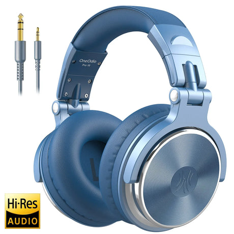 Over-ear headphones with a blue and silver color scheme.