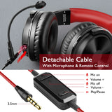 Over-ear headphones with a detachable cable featuring an inline microphone and remote control.