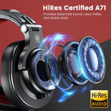 Over-ear headphones with an exploded view showing internal components and highlighting Hi-Res audio certification.