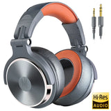 Over-ear headphones with gray and orange color scheme and metal accents.