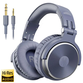 Over-ear headphones with a gray and silver color scheme and detachable audio cable.