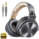 Over-ear headphones with a metallic finish and detachable audio cable.