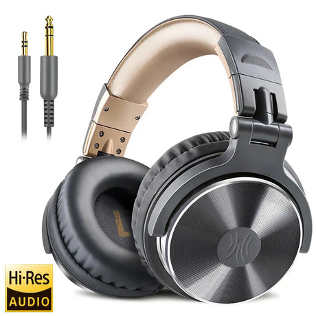Over-ear headphones with a metallic finish and detachable audio cable.
