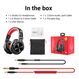 Professional-looking over-ear headphones with red and black color scheme.