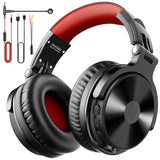 Over-ear headphones with a red and black color scheme and detachable cable accessories.