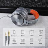 Over-ear headphones with silver and orange coloring.