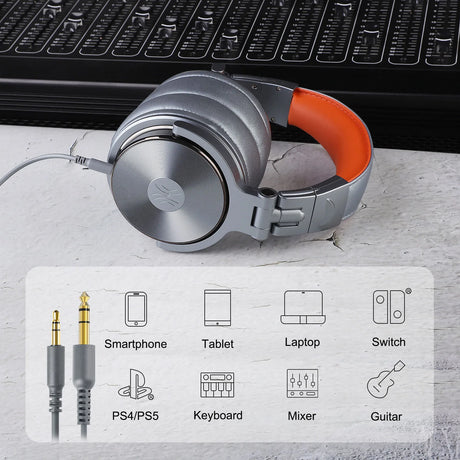 Over-ear headphones with silver and orange coloring.