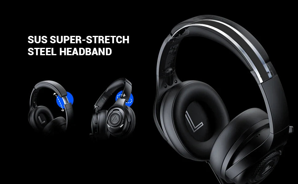 Over-ear headphones with a sleek black design and blue accents.