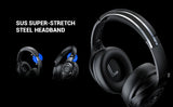 Over-ear headphones with a sleek black design and blue accents.