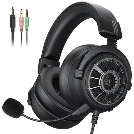 Over-ear gaming headset with attached microphone and circular speaker grilles.