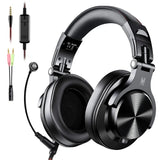 Over-ear gaming headset with attached microphone and multiple audio connection cables.