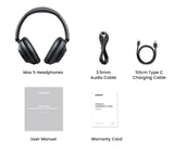 Over-ear wireless headphones with accompanying accessories and documentation.