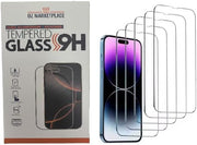 A package of tempered glass screen protectors for smartphones, including multiple individual protectors and a phone model for display.