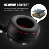 Padded ear cup of a headphone with red stitching detail.