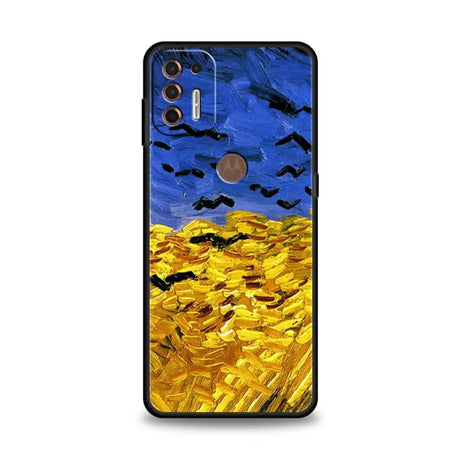 a painting of a field of wheat with crows flying over it