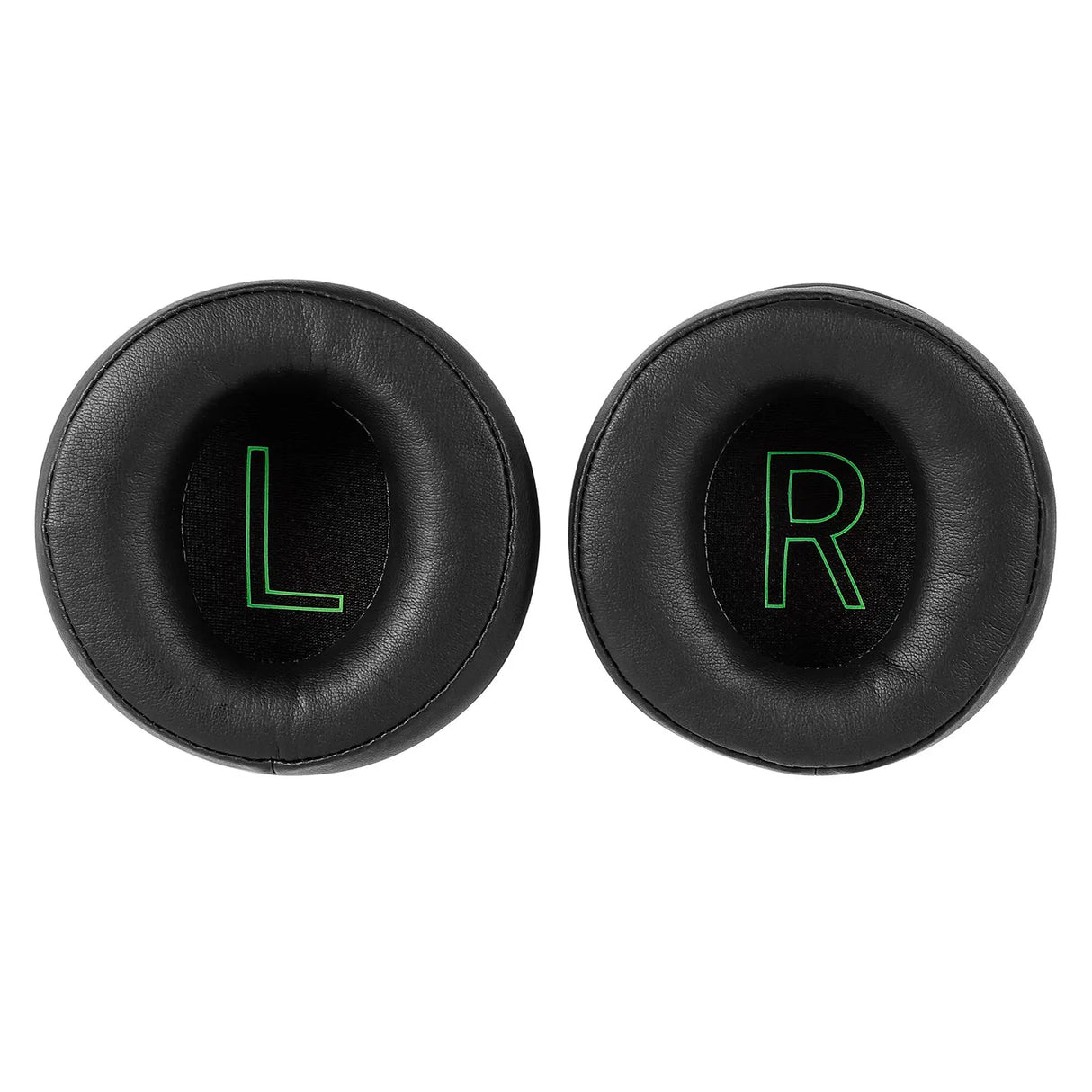 Pair of black circular headphone ear cushions with glowing green ’L’ and ’R’ letters.