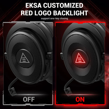 Pair of black headphones with customizable red logo backlighting.