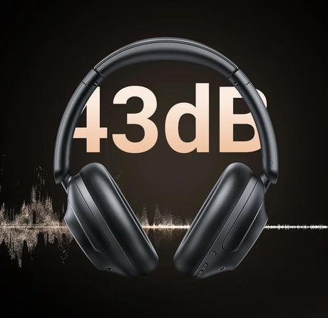 Pair of black over-ear headphones with ’+3dB’ text visible behind them.