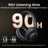 Pair of black over-ear wireless headphones with extended battery life.