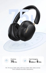 Pair of black over-ear wireless headphones with a curved headband design.